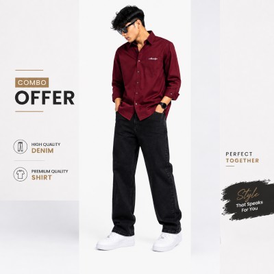 Premium Shirt and Denim Combo [ Shirt Maroon + Denim Black ]
