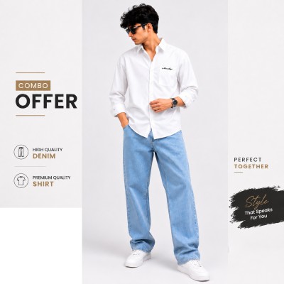 Premium Shirt and Denim Combo [ Shirt White + Denim Ligh]
