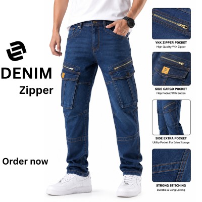 Men's Urban Cargo Zipper Denim Jeans – Deep Blue Wash